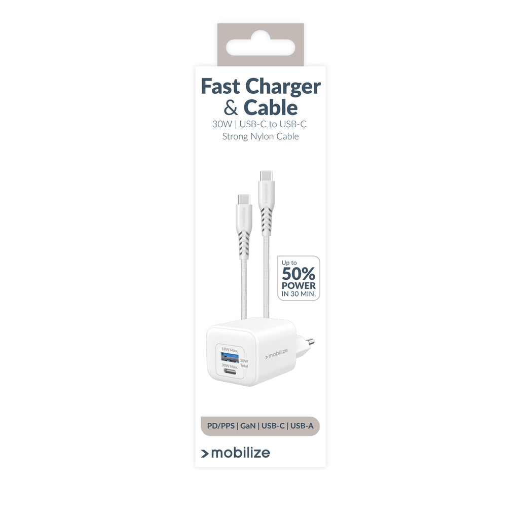 Mobilize Wall Charger Usb-C + Usb Gan 30W With Pd/Pps + Usb-C Nylon Cable 1.2M White