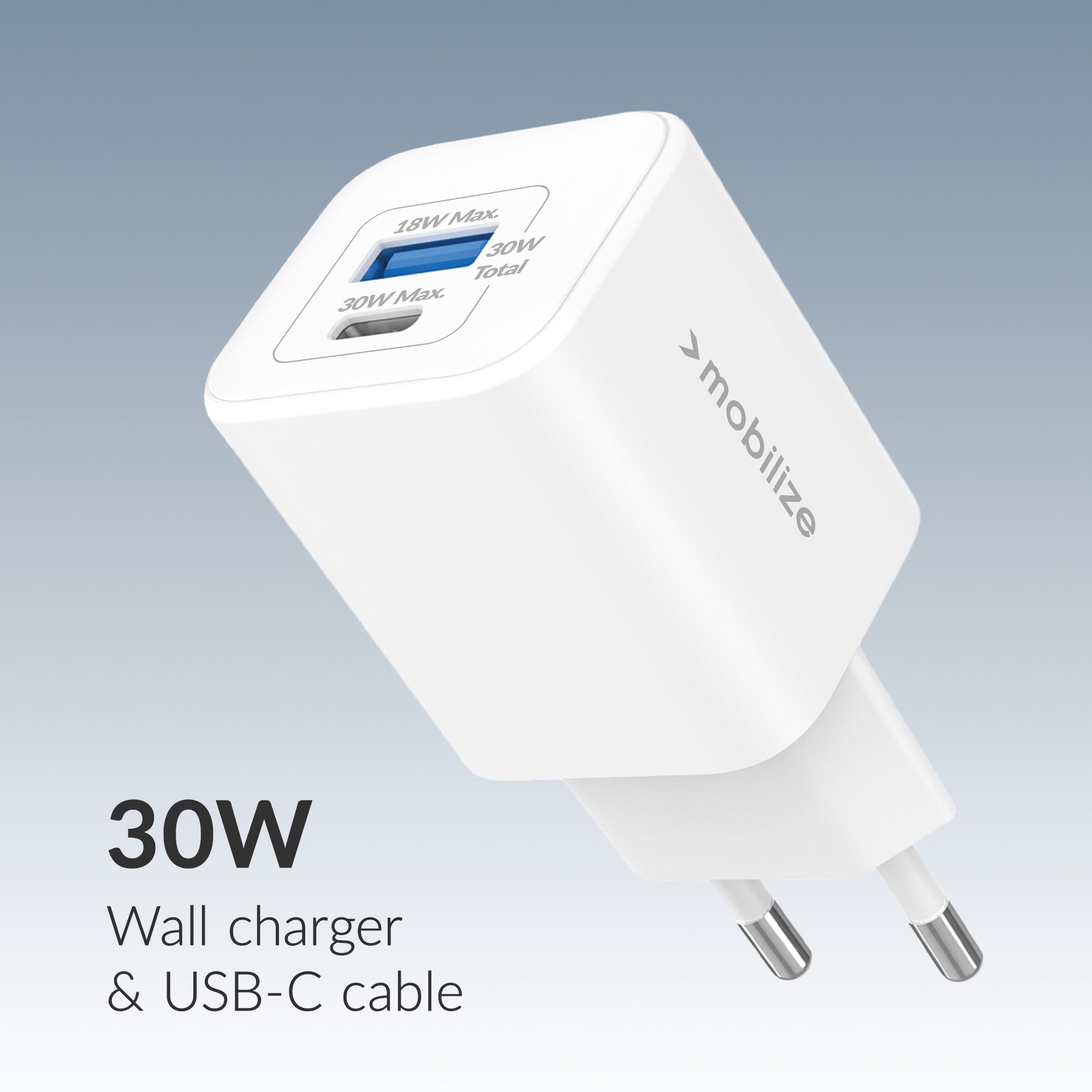 Mobilize Wall Charger Usb-C + Usb Gan 30W With Pd/Pps + Usb-C Nylon Cable 1.2M White